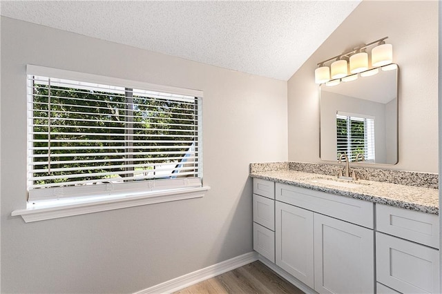 bathroom featuring a textured ceiling, plenty of natural light, wood-type flooring, and lofted ceiling