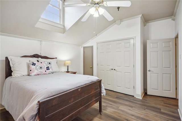 bedroom featuring ceiling fan, ornamental molding, wood finished floors, and lofted ceiling with skylight