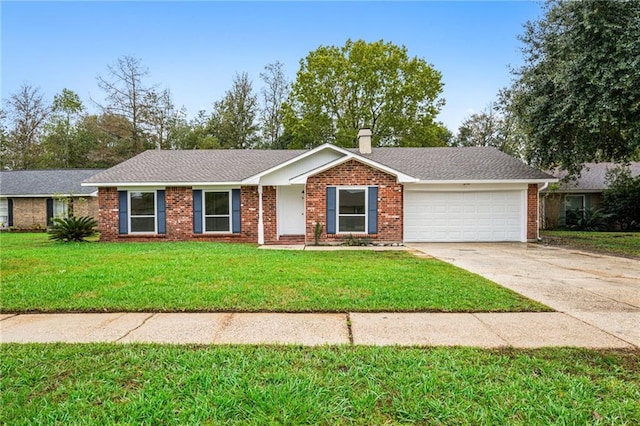 ranch-style house featuring a front lawn and a garage