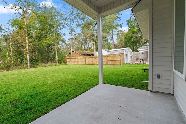 view of yard featuring a patio area and a shed