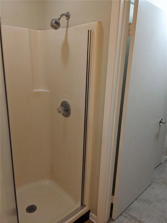 bathroom with a shower with shower door