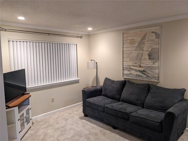 living room with a textured ceiling, ornamental molding, and light carpet