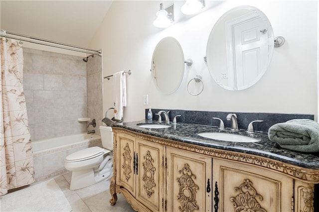 full bathroom with shower / bathtub combination with curtain, tile patterned floors, lofted ceiling, toilet, and vanity