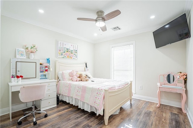 bedroom with crown molding, ceiling fan, and dark wood-type flooring