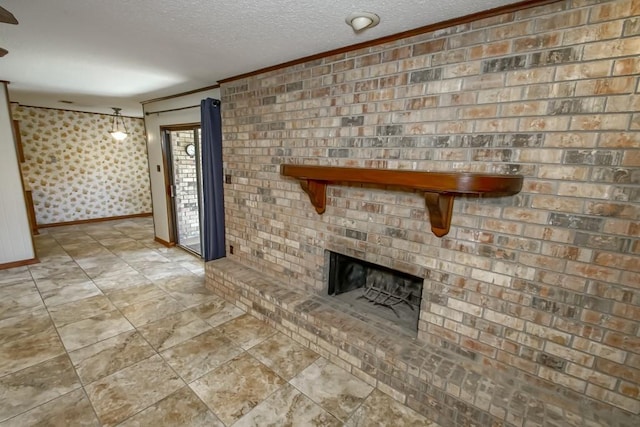 unfurnished living room featuring a textured ceiling and crown molding