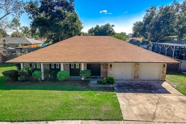 single story home featuring a garage and a front yard