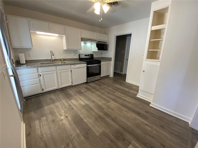 350 Carolyn Dr, Harahan, LA 70123 - kitchen with stainless steel appliances, white cabinetry, dark wood finished floors, and ceiling fan