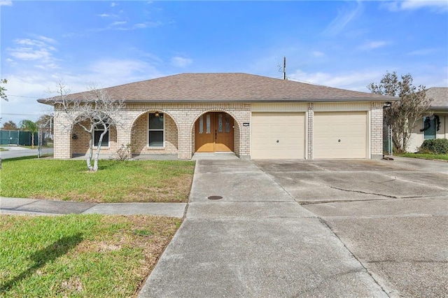 single story home featuring a garage and a front lawn