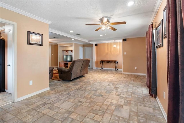 living room with crown molding, ceiling fan, and a textured ceiling