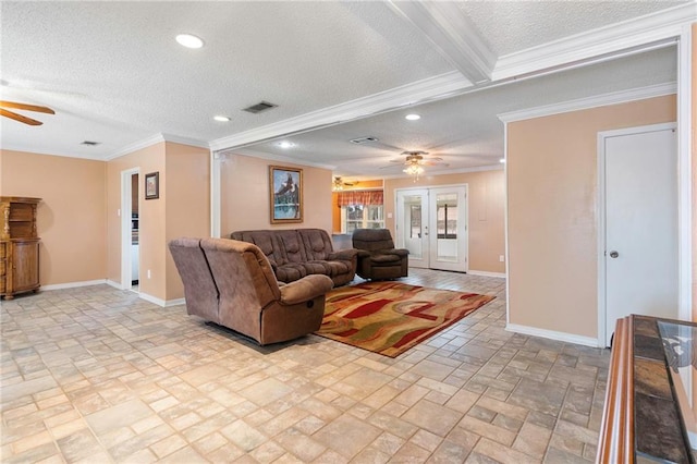 living room with french doors, crown molding, ceiling fan, a textured ceiling, and beamed ceiling