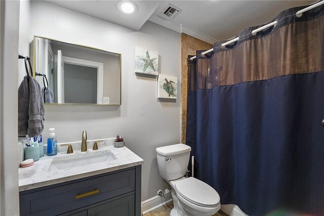 bedroom with multiple windows, ceiling fan, dark wood-type flooring, and ornamental molding