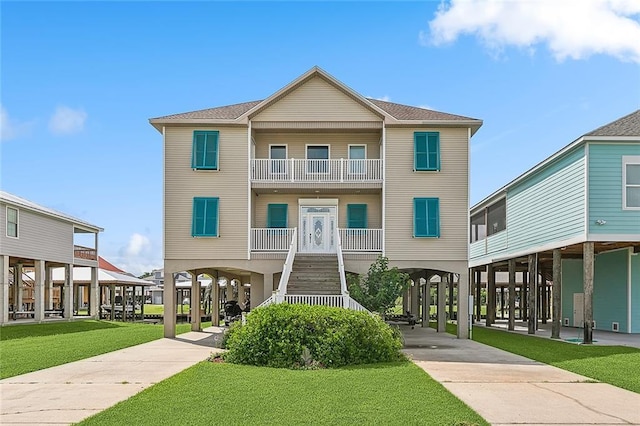 coastal home with a carport and a front yard