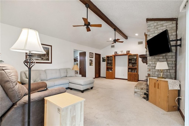 20 Cocodrie Ct, Kenner, LA 70065 - living room featuring vaulted ceiling with beams, a ceiling fan, visible vents, and light carpet