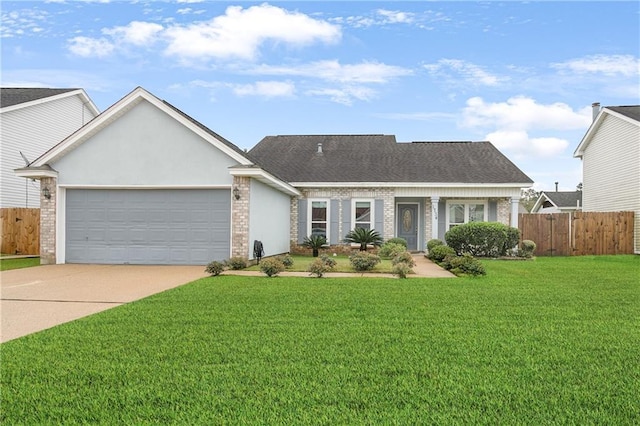 ranch-style home with a garage and a front lawn