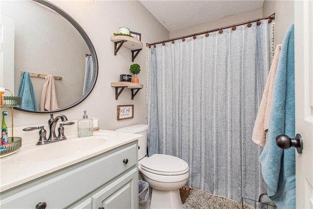 bathroom featuring vanity, a textured ceiling, and toilet