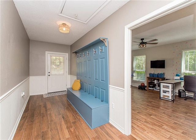 mudroom featuring ceiling fan and hardwood / wood-style flooring