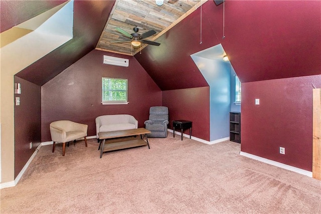 sitting room with ceiling fan, light colored carpet, and lofted ceiling