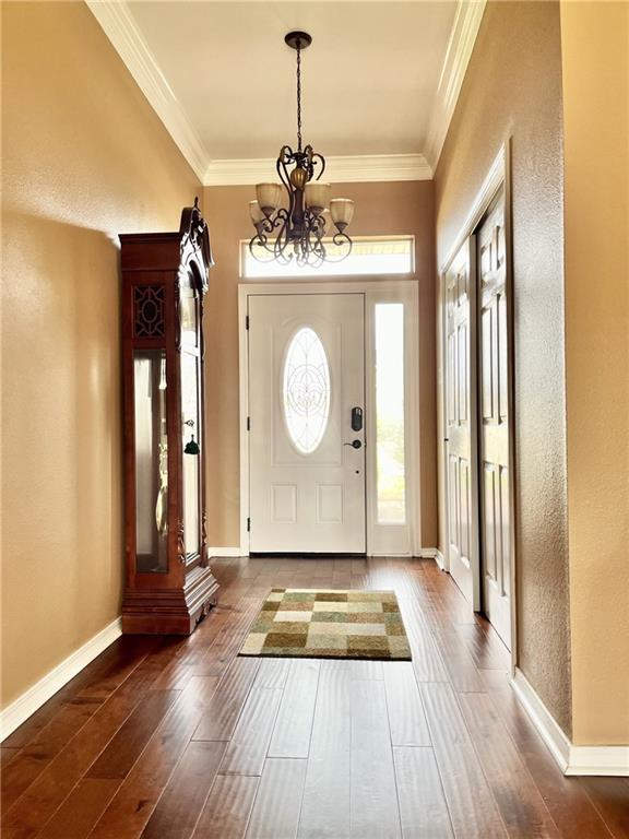 foyer featuring dark hardwood / wood-style flooring, a chandelier, and ornamental molding