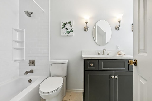 full bathroom featuring toilet, vanity, tile patterned floors, and tiled shower / bath