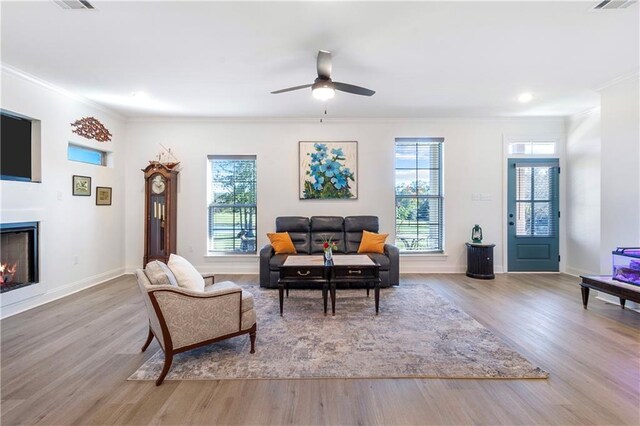 living room with ceiling fan, a healthy amount of sunlight, light hardwood / wood-style floors, and crown molding