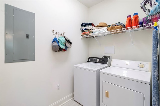 laundry room with electric panel and washer and dryer