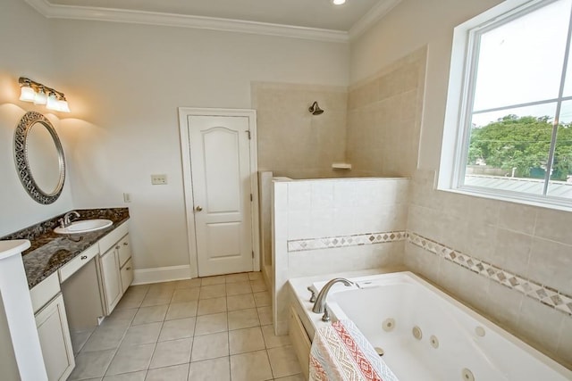 bathroom featuring ornamental molding, tile patterned flooring, vanity, and tiled tub