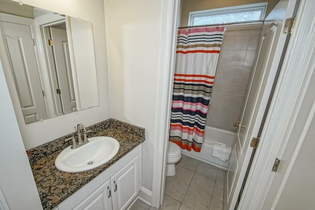 full bathroom with shower / bathtub combination with curtain, vanity, toilet, and tile patterned flooring