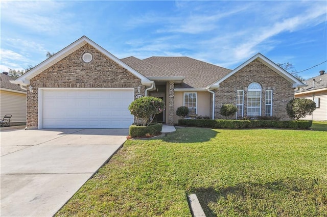 ranch-style house with a garage and a front lawn