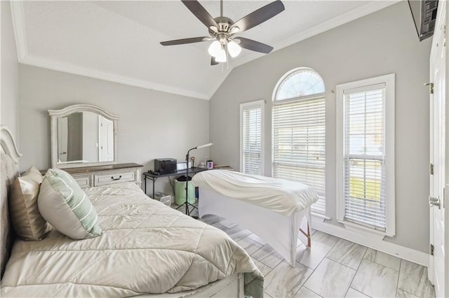 bedroom featuring ceiling fan, ornamental molding, and vaulted ceiling