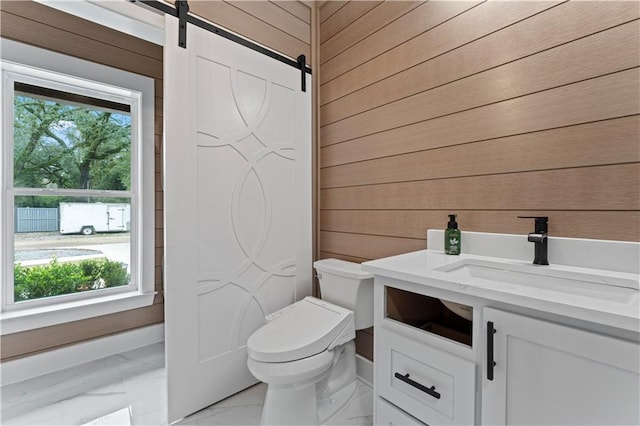 bathroom featuring wood walls, vanity, and toilet