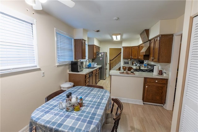 kitchen featuring appliances with stainless steel finishes, premium range hood, ceiling fan, sink, and light hardwood / wood-style flooring