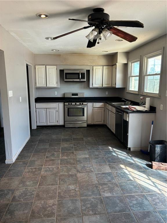 kitchen featuring appliances with stainless steel finishes, ceiling fan, and sink