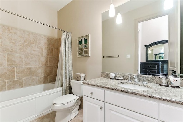 full bathroom featuring toilet, vanity, tile patterned floors, and shower / bathtub combination with curtain