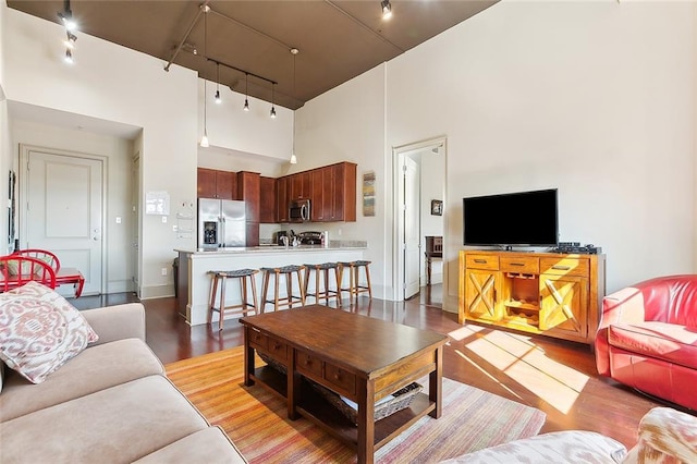 living room with a high ceiling, rail lighting, and light hardwood / wood-style flooring