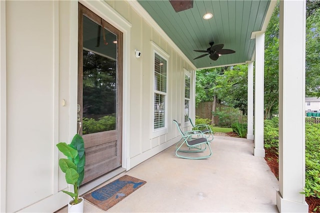 view of patio featuring ceiling fan and covered porch