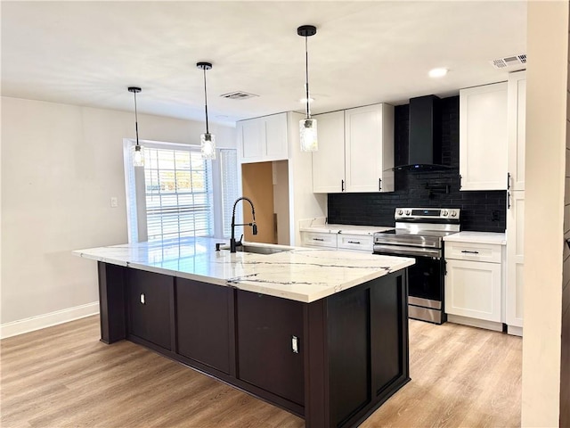 kitchen featuring stainless steel electric range, white cabinetry, sink, a kitchen island with sink, and wall chimney exhaust hood