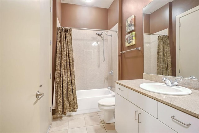 full bathroom with tile patterned flooring, vanity, toilet, and shower / bathtub combination with curtain