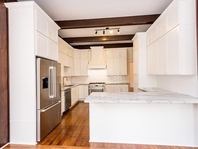 kitchen featuring white cabinetry, backsplash, custom range hood, high quality appliances, and beamed ceiling