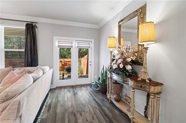 entryway featuring crown molding and dark hardwood / wood-style floors