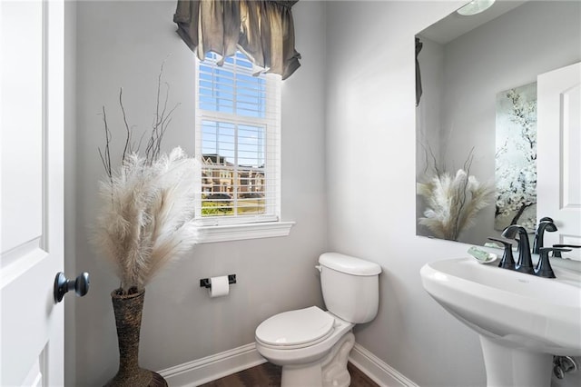 bathroom featuring sink, wood-type flooring, and toilet