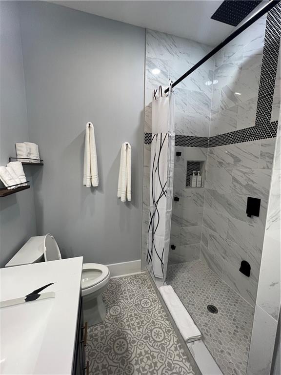 bathroom with vanity, toilet, and walk in shower