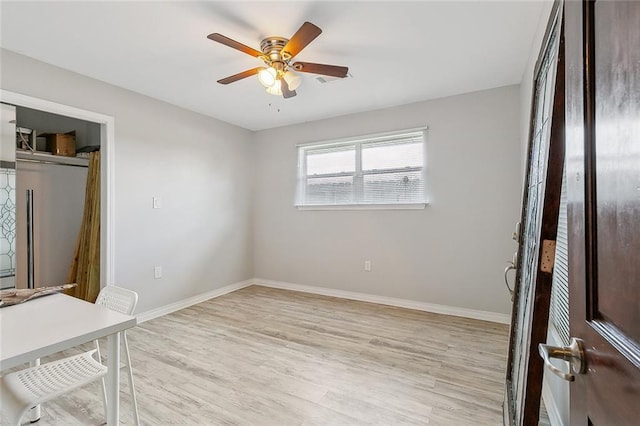 interior space with ceiling fan, built in refrigerator, a closet, and light hardwood / wood-style flooring