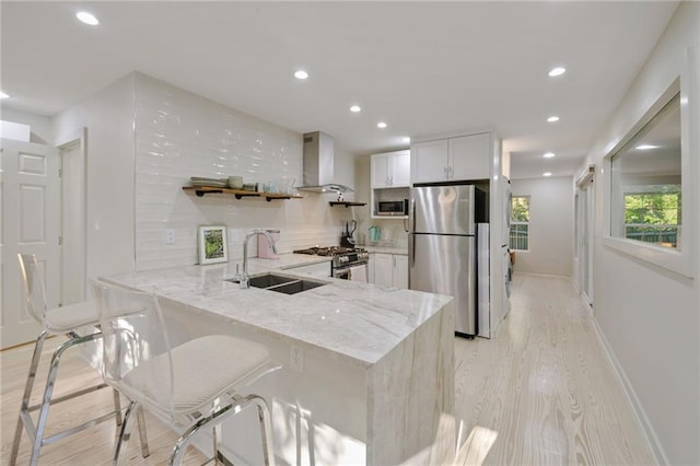 kitchen featuring sink, white cabinetry, appliances with stainless steel finishes, kitchen peninsula, and wall chimney range hood