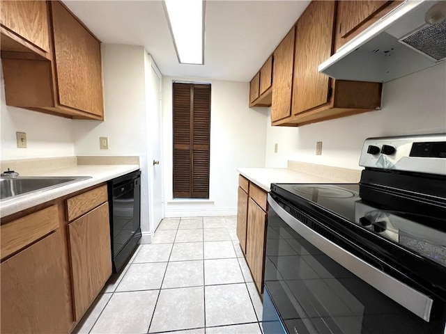 kitchen featuring range with electric cooktop, under cabinet range hood, black dishwasher, light countertops, and brown cabinetry