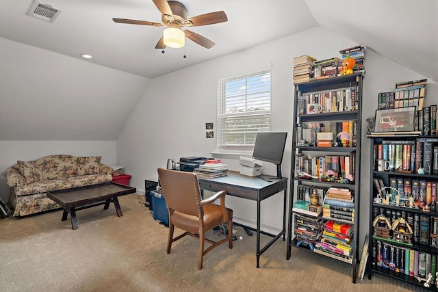 office area with carpet flooring, ceiling fan, and lofted ceiling