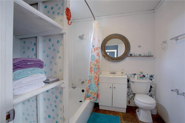 full bathroom with vanity, shower / tub combo with curtain, and toilet