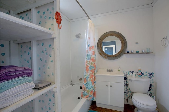 full bathroom with shower / tub combo, vanity, and toilet