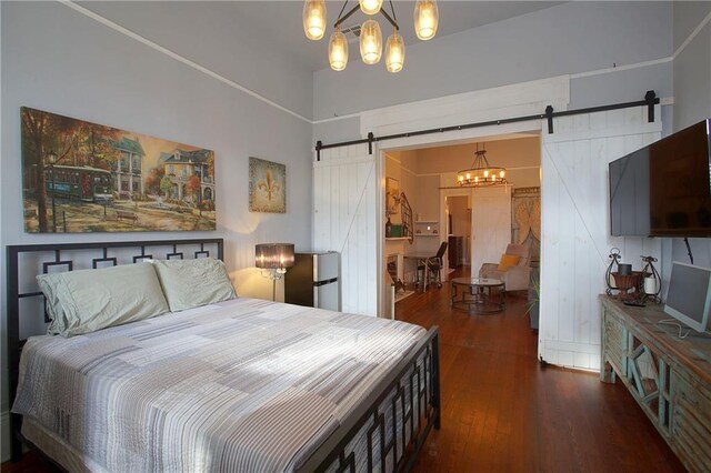 312931 N Claiborne Ave, New Orleans, LA 70117 - bedroom with a barn door, wood-type flooring, and a notable chandelier