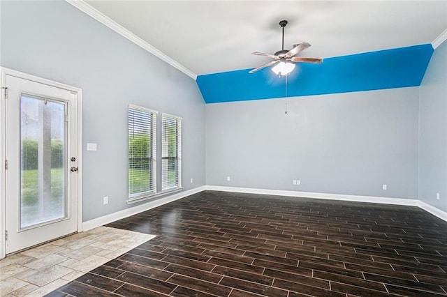 unfurnished room featuring lofted ceiling, crown molding, ceiling fan, and dark hardwood / wood-style floors