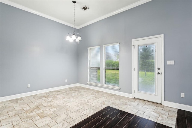 unfurnished room featuring a notable chandelier, light wood-type flooring, crown molding, and a towering ceiling